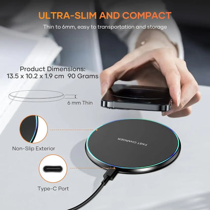 LED Light Wireless Charger Pad For iPhone 16 15 14 13 12 8 X XR Samsung Xiaomi Airpods Pro Fast Wireless Charging Station